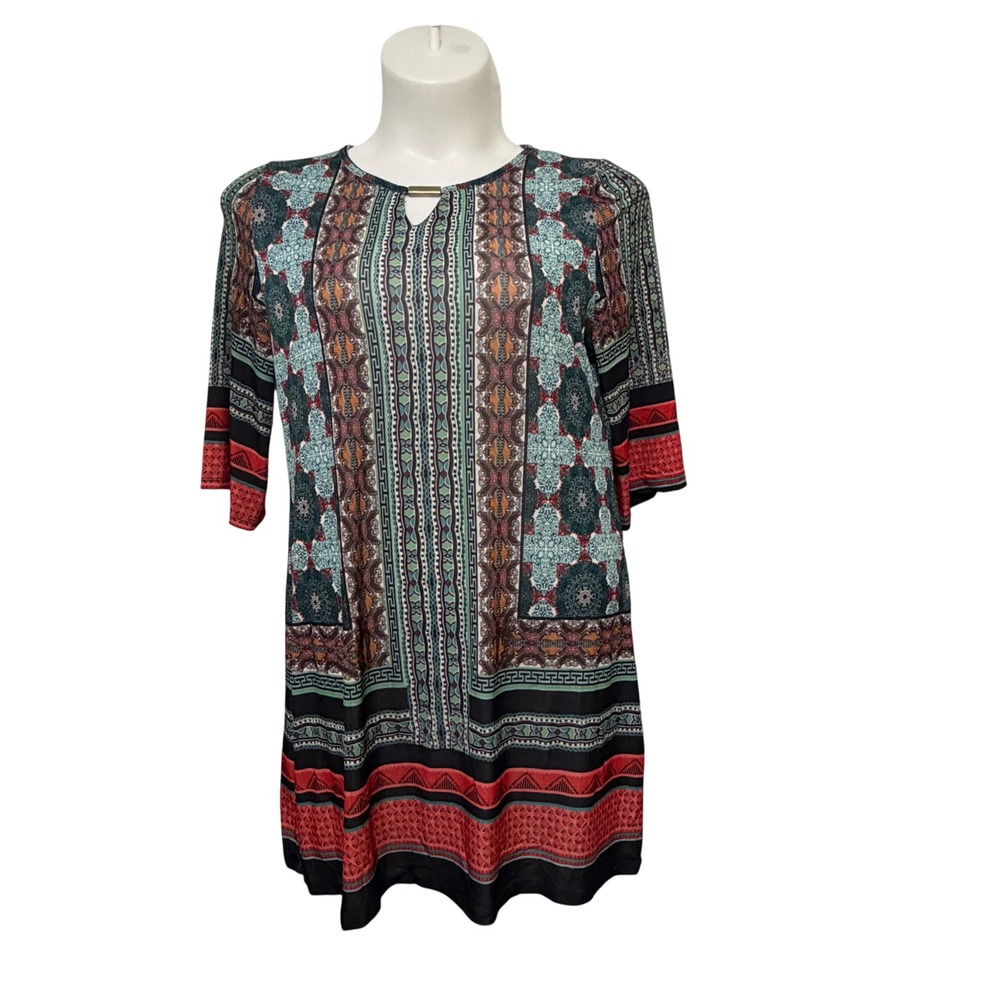 5th & Love Womens XL Shift Dress Boho Geometric Print Teal Red 3/4‎ Sleeve retro